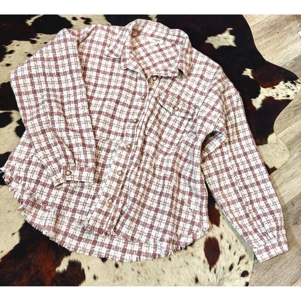Umgee Tweed Shacket Jacket Pink Plaid Pearl Raw Frayed Hem Oversized Small